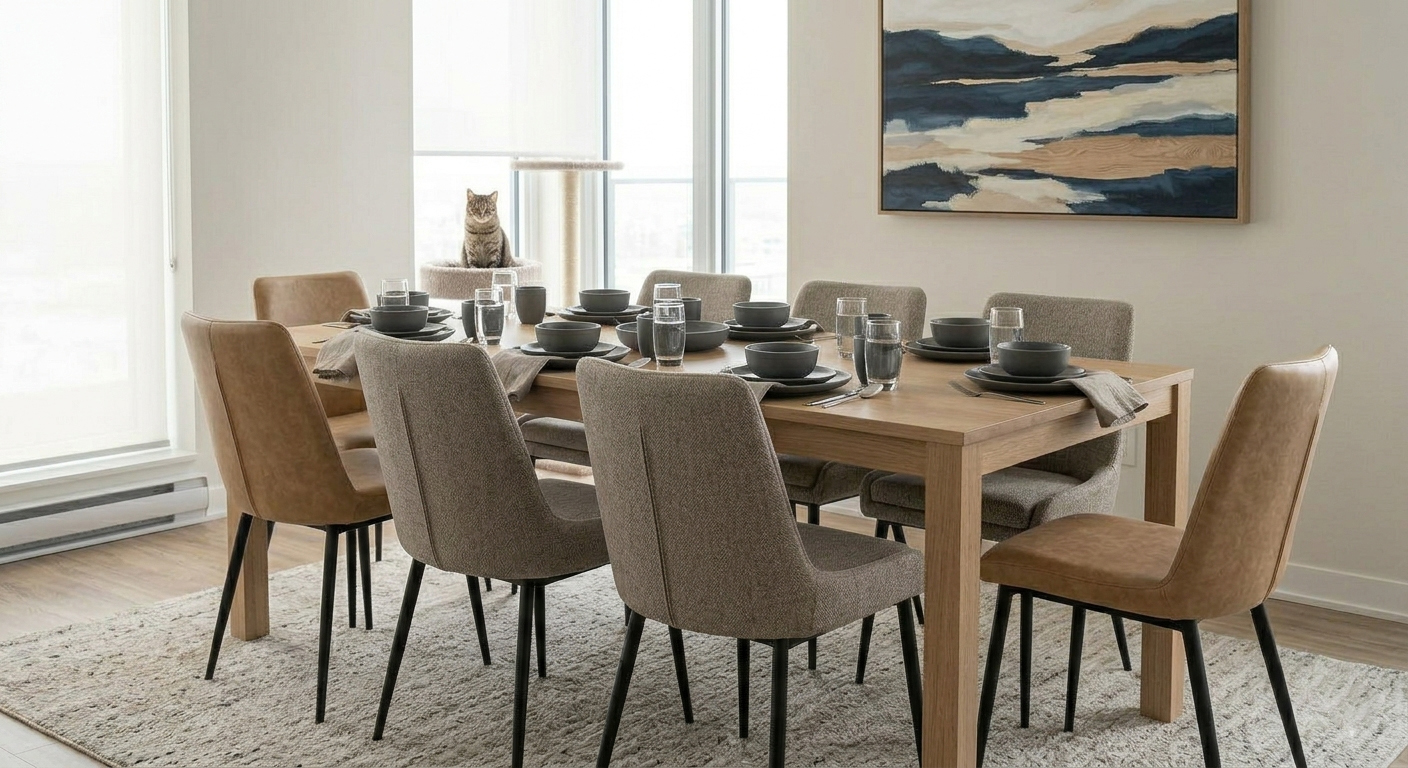 Set of 6 modern upholstered dining chairs in beige fabric and tan faux leather with black metal legs around a wooden dining table