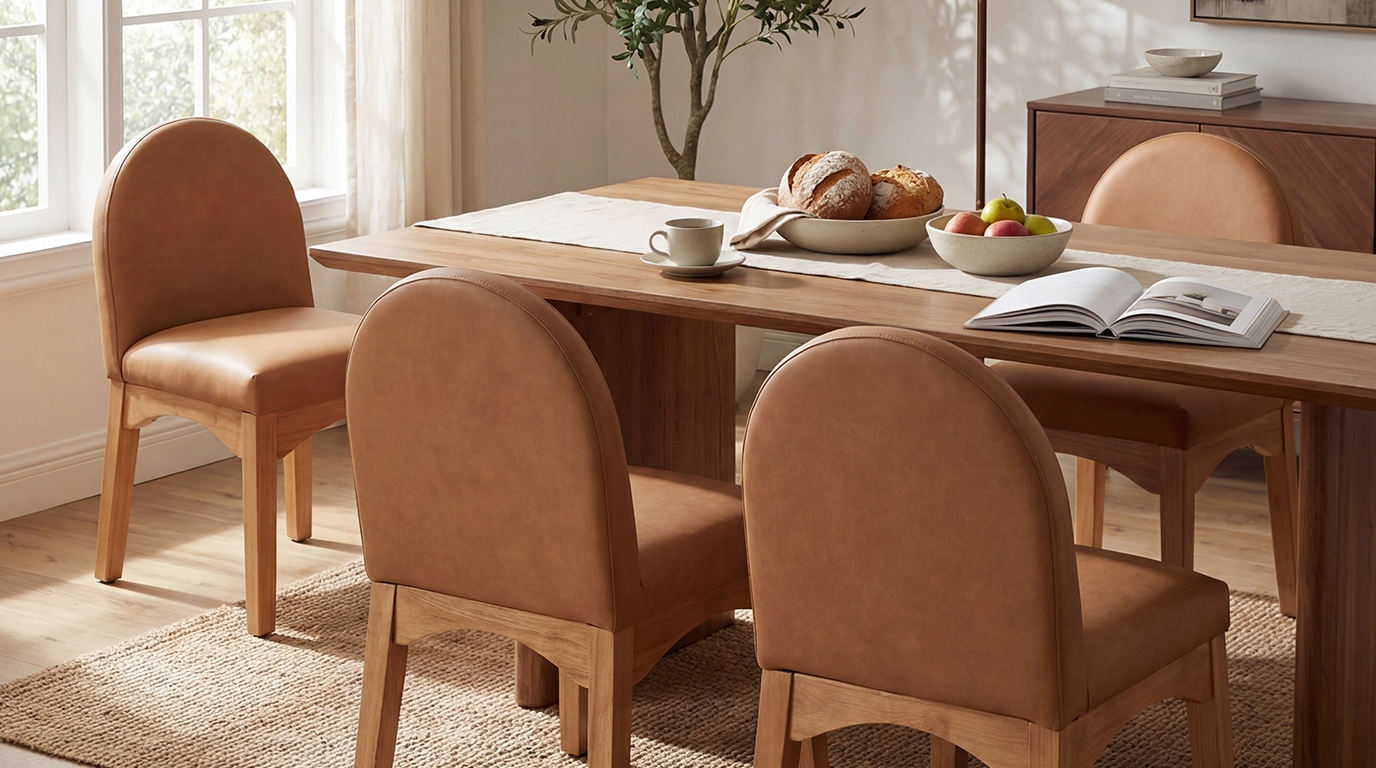 Close-up of tan leather dining chairs with solid wood legs and a minimalist dining setup.