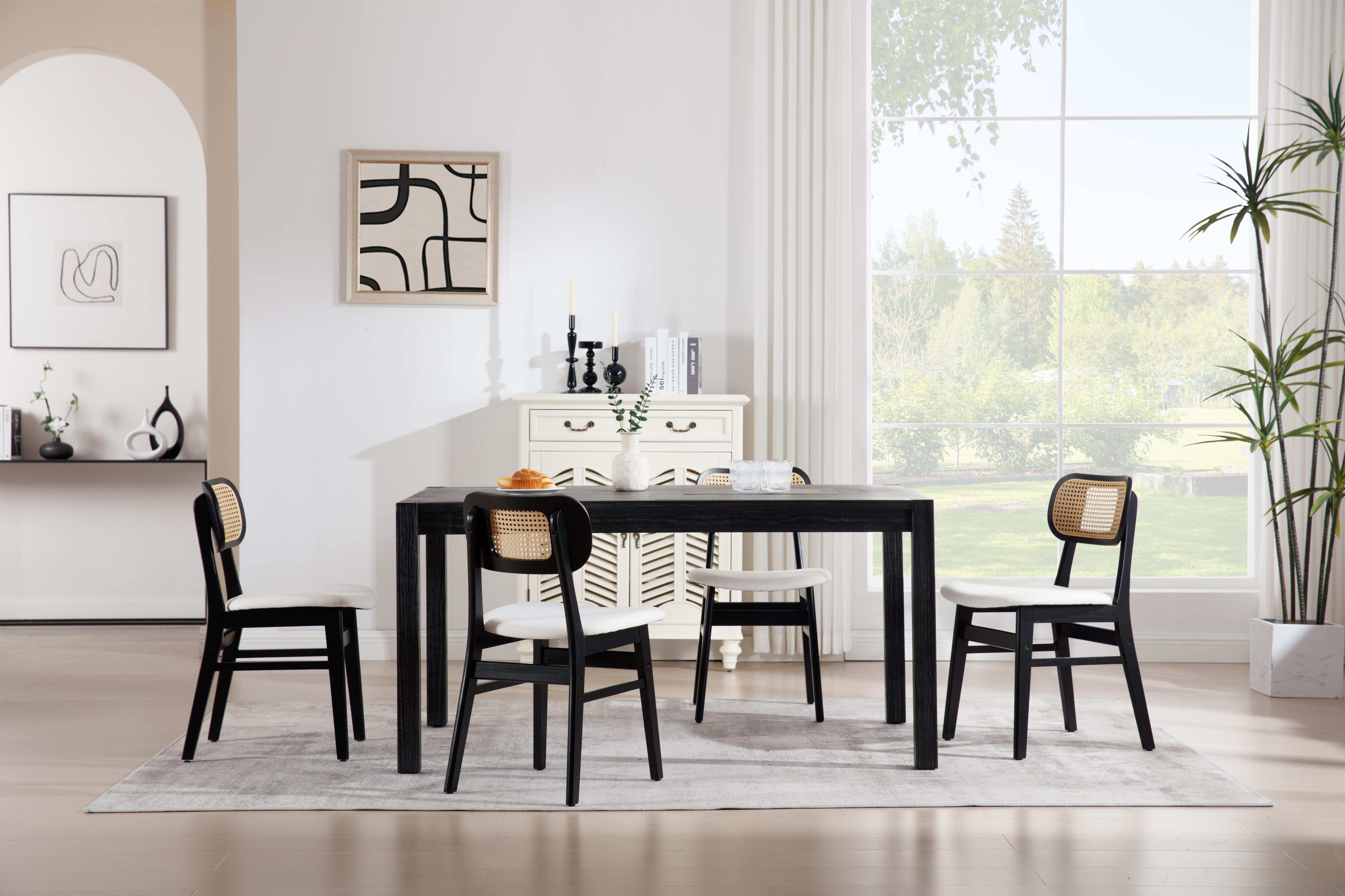 Wood and cane dining chairs with woven backrests and upholstered seats