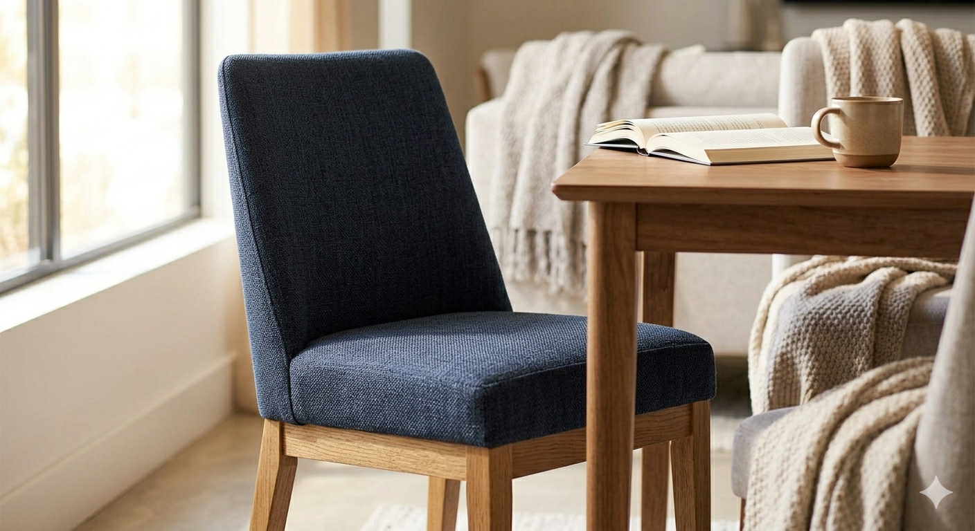 Close-up of a dark blue modern upholstered dining chair featuring navy woven fabric and natural oak wood legs.