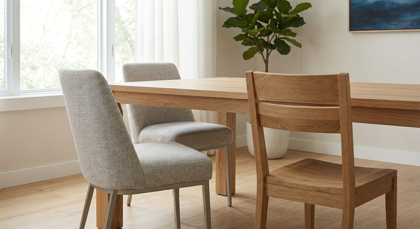 Close-up of modern upholstered dining chairs with textured grey fabric seats and sleek metal legs, focused on craftsmanship.