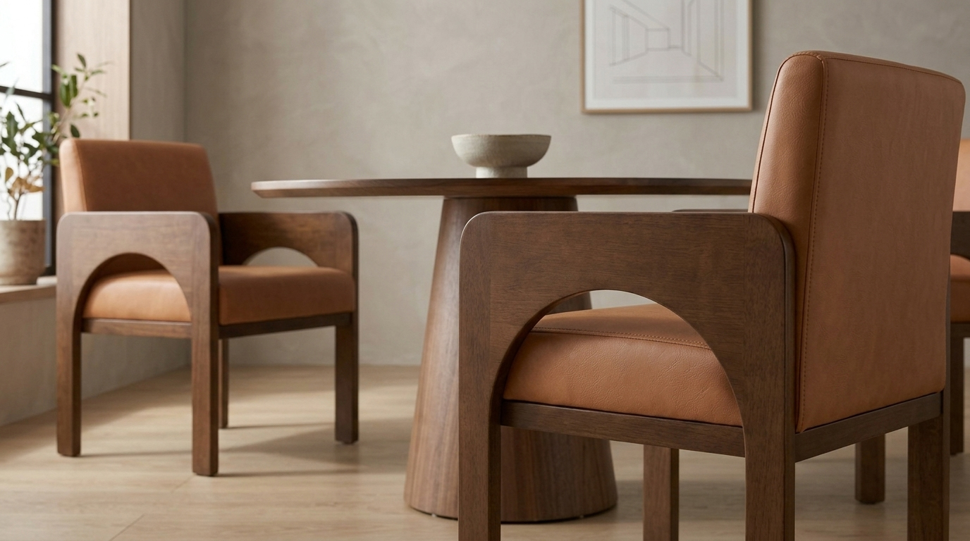 Vintage-inspired leather dining chairs featuring curved walnut wood armrests and cushions.