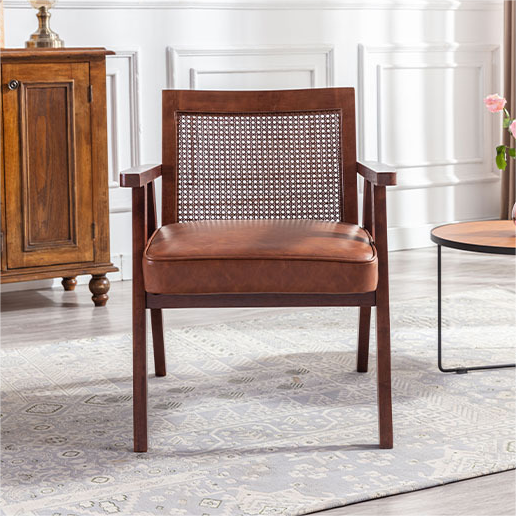 Linen Upholstered Cane Lounge Chair with Wooden Legs