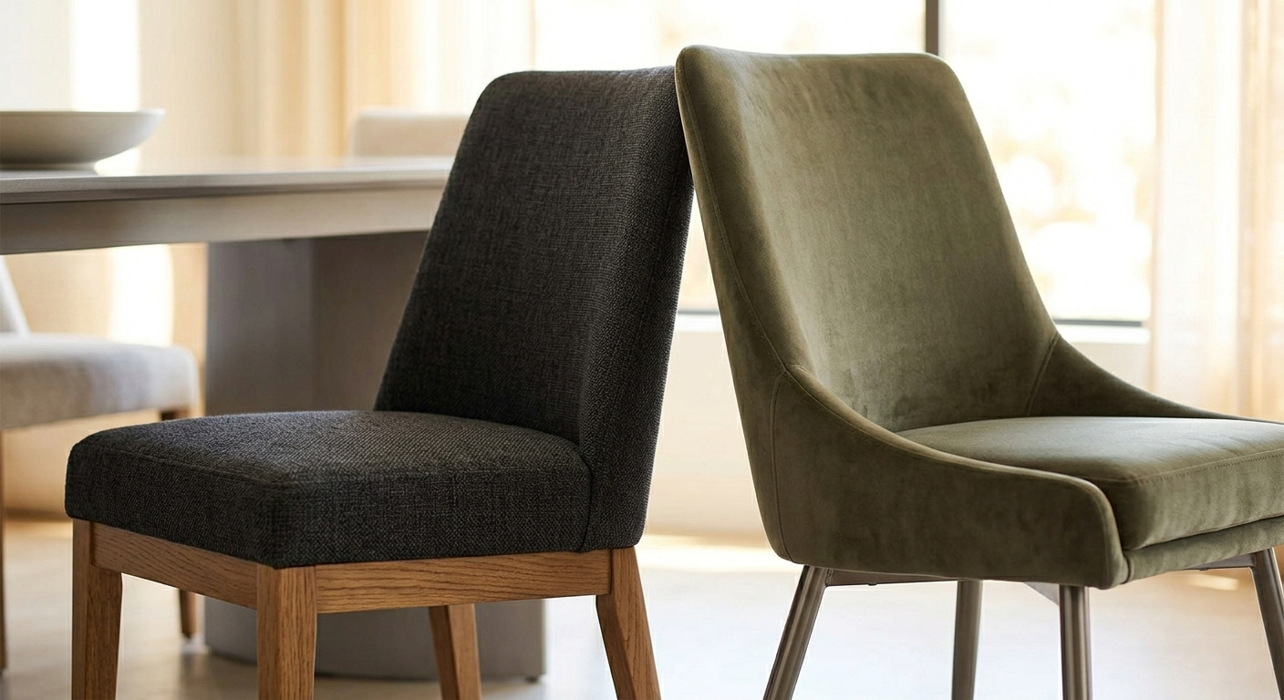 Two modern upholstered dining chairs shown in charcoal textured fabric and olive green velvet with metal legs.