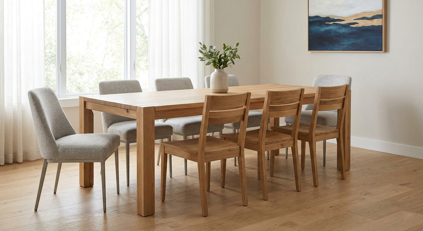 Set of modern upholstered dining chairs in textured grey fabric paired with solid wood dining chairs around a light oak table.