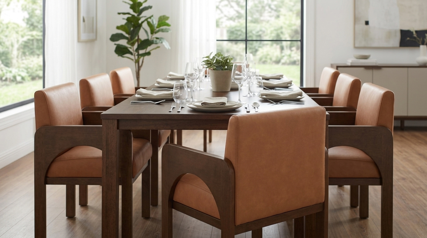 Professional dining room setup with 6 dark wood and leather dining chairs for a luxury home.
