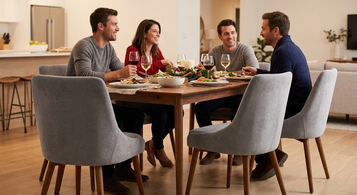 Group of friends enjoying dinner on comfortable modern upholstered dining chairs with high backs and tapered wooden legs.