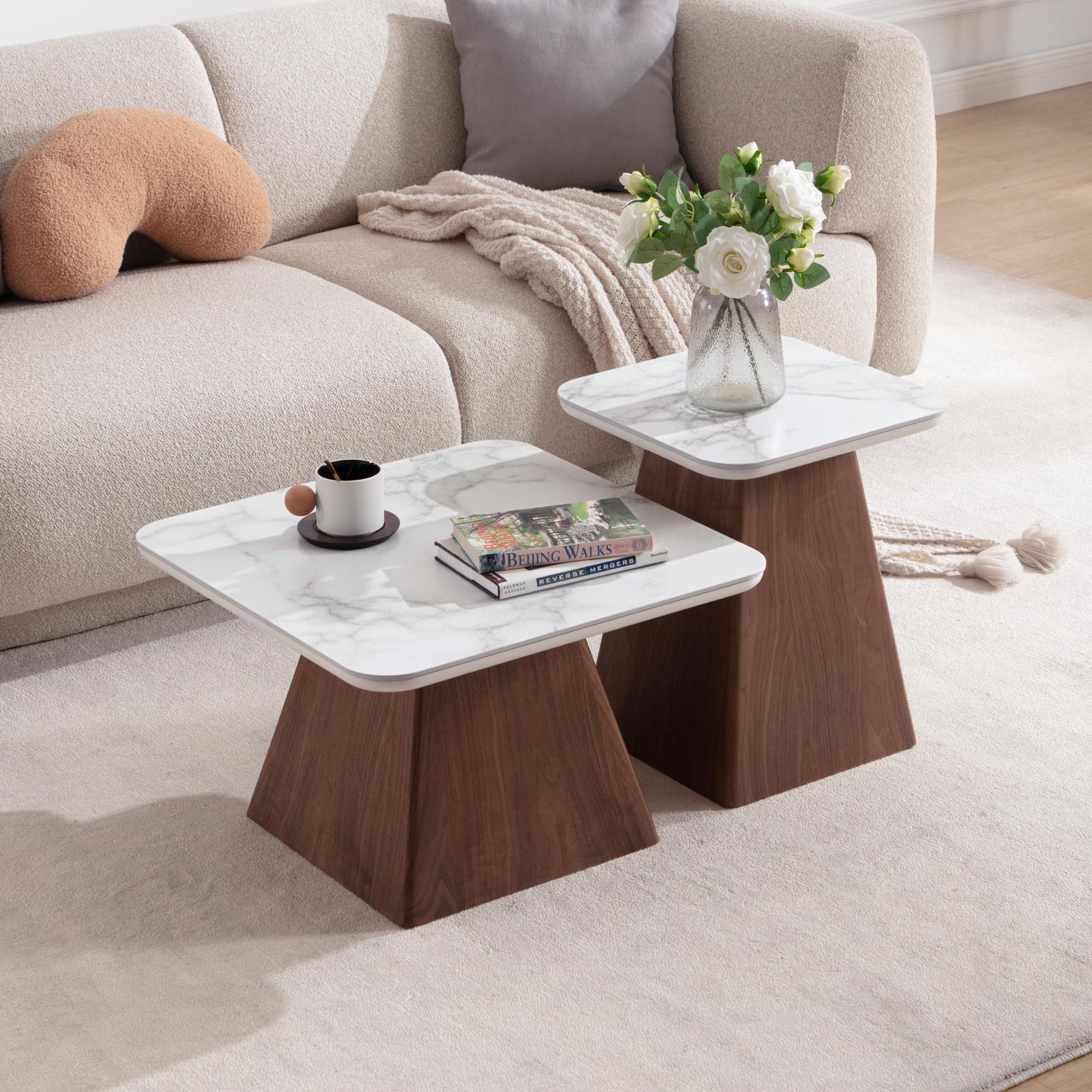 Miller Modern Nesting Coffee Table Set | Travertine & Walnut