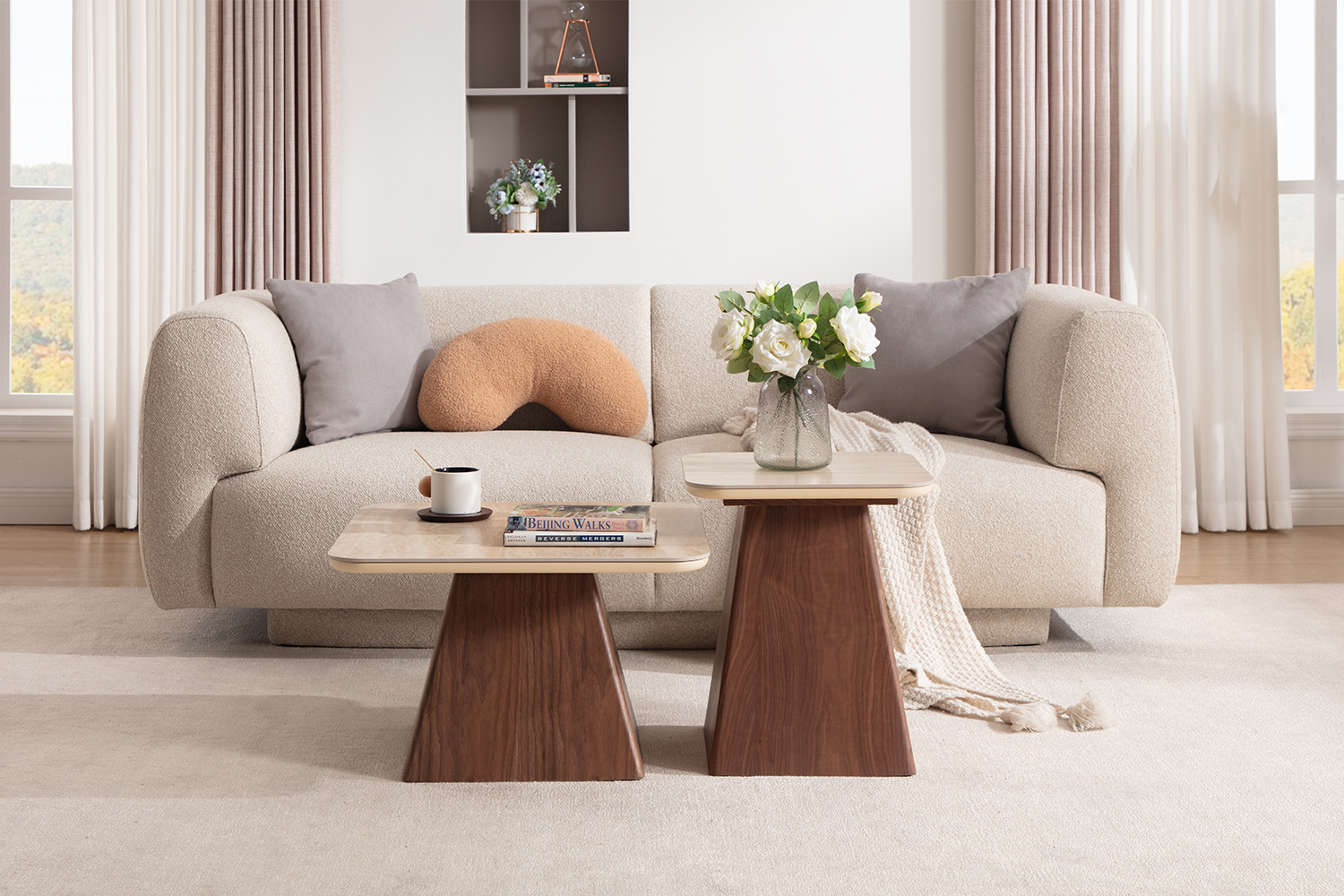 Miller Modern Nesting Coffee Table Set | Travertine & Walnut