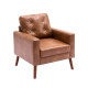 luxury sofa chair in brown leather with button tufted backrest and solid wood legs in mid century modern style