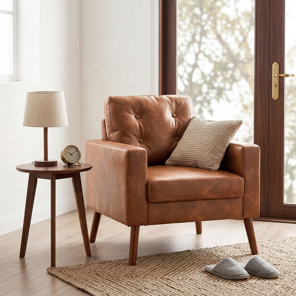 Mid-century modern luxury sofa chair in brown leather with tufted back in a cozy living room nook.