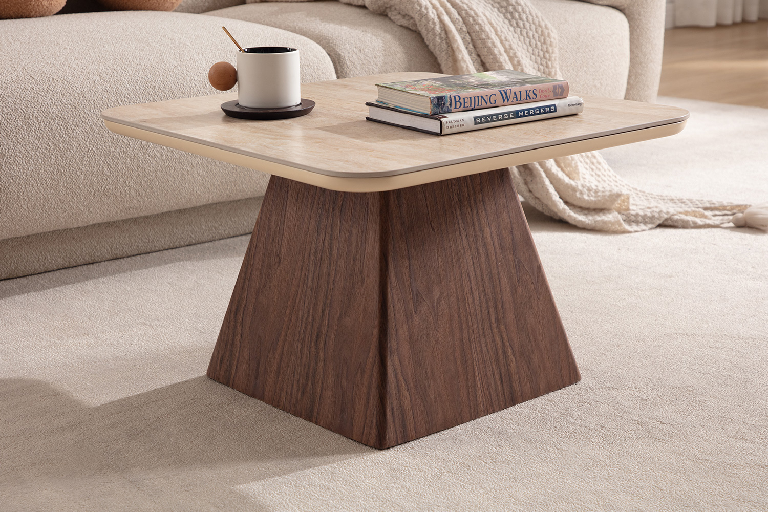 Miller Modern Nesting Coffee Table Set | Travertine & Walnut