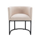Industrial upholstered dining chairs with curved beige fabric seat and black metal base, front view