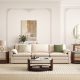 affordable marble coffee table with walnut base centered in elegant living room with sofa and décor