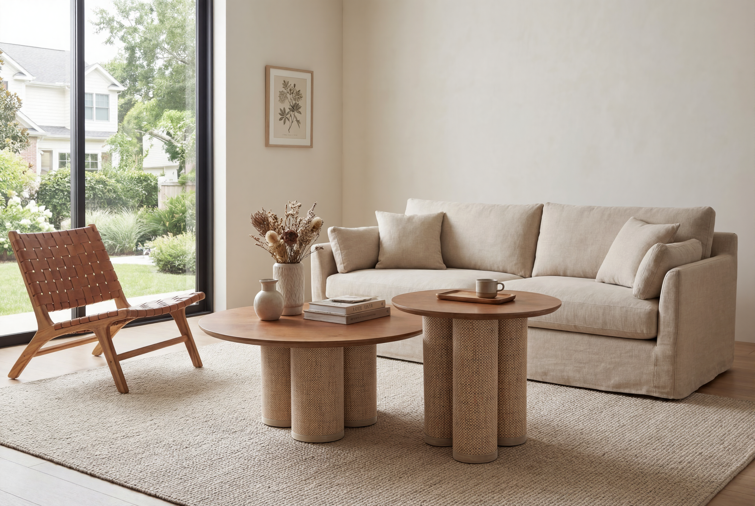 Two-piece nesting coffee table set arranged together