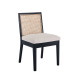 Side view of black wood chair with woven cane back and beige seat, from a cane back dining chairs set of 2.
