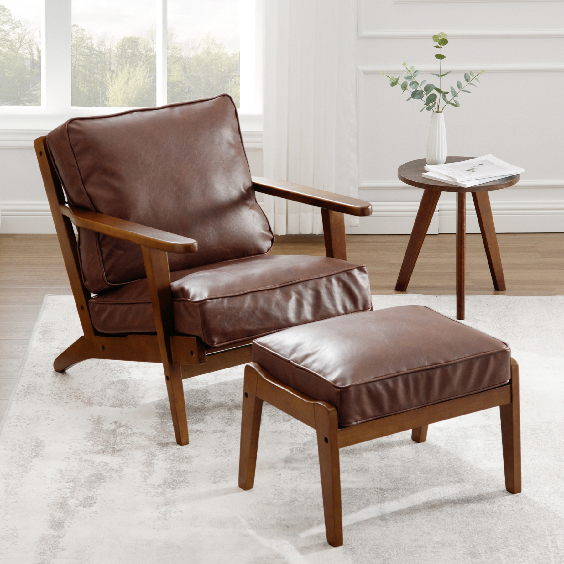 Leather Upholstered Armchair Dark Wooden Frame with Removable Cover