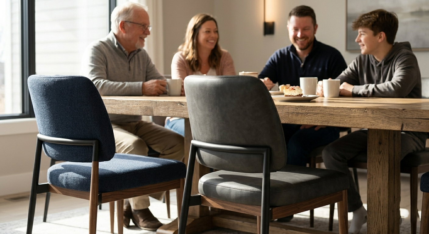 Faux leather modern upholstered dining chairs with matte black metal frames shown in a family breakfast setting.