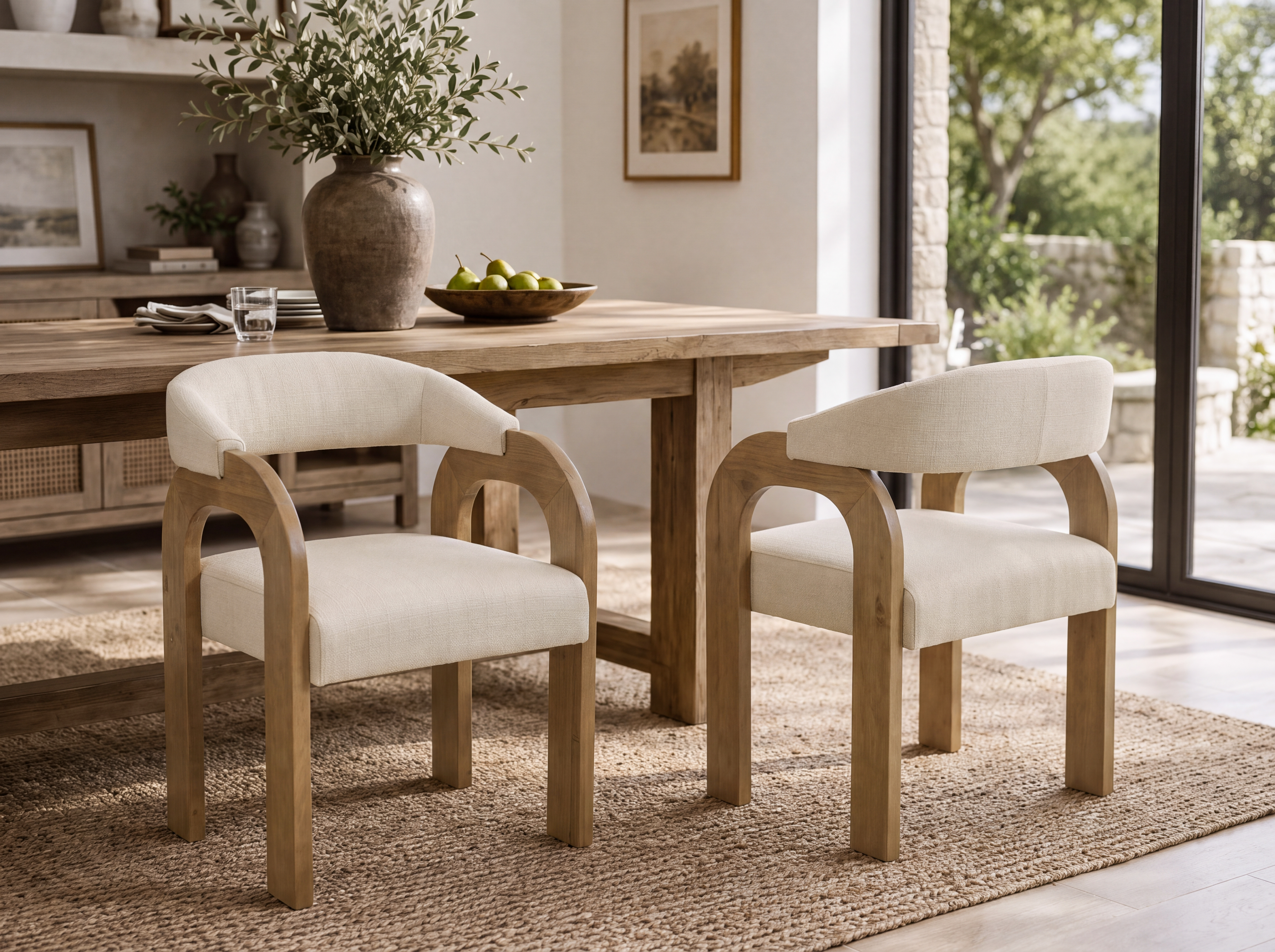 Sculptural U-shaped solid wood base of the Clara Dining Chair