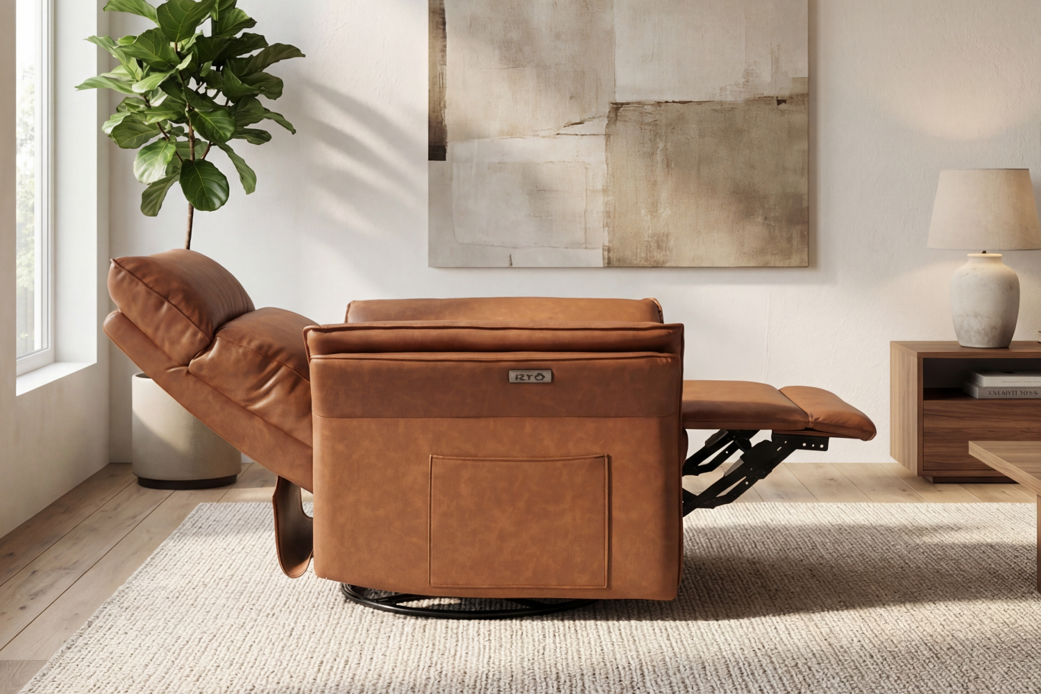 Easy-care genuine leather upholstery on the swivel lounge chair