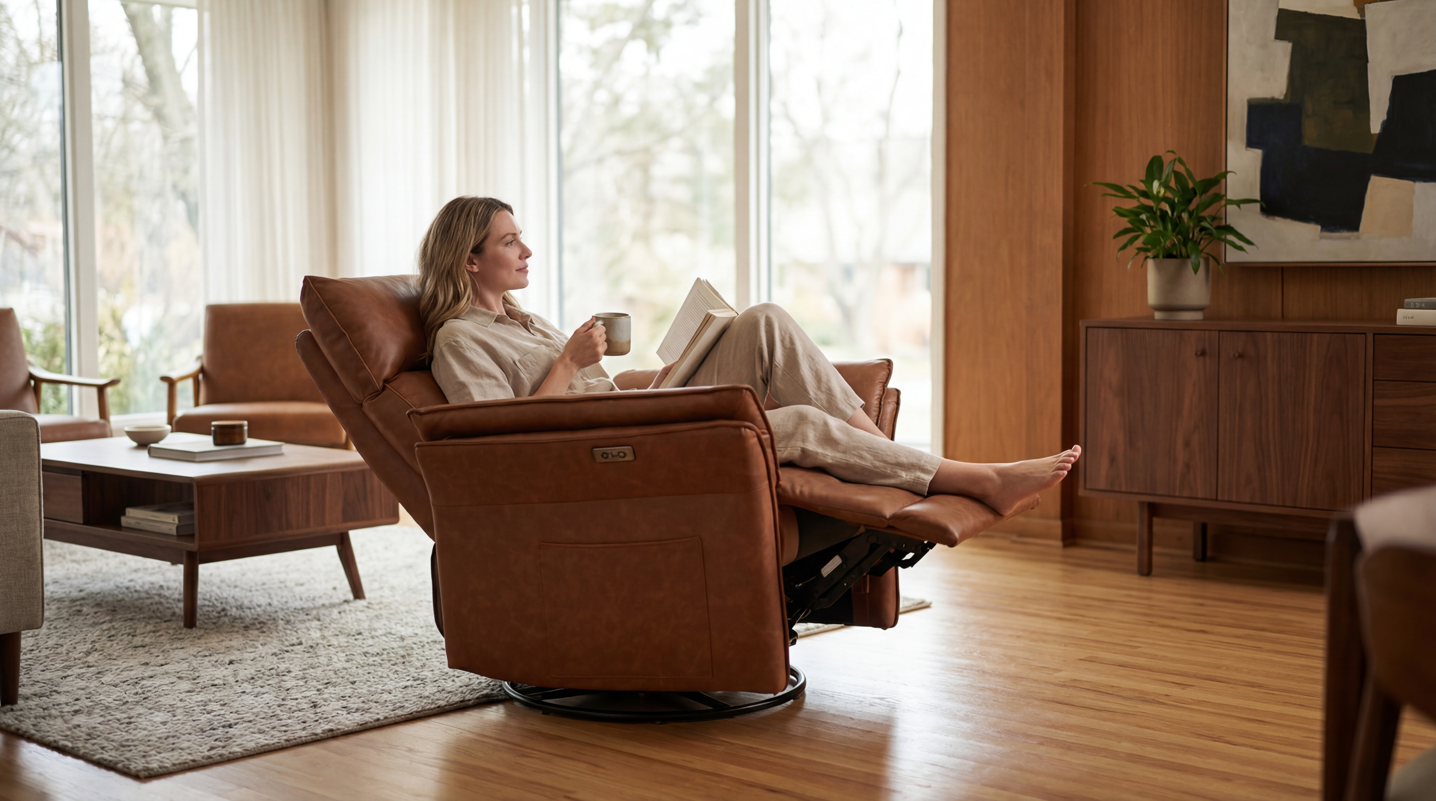 Genuine leather swivel lounge chair in a modern interior