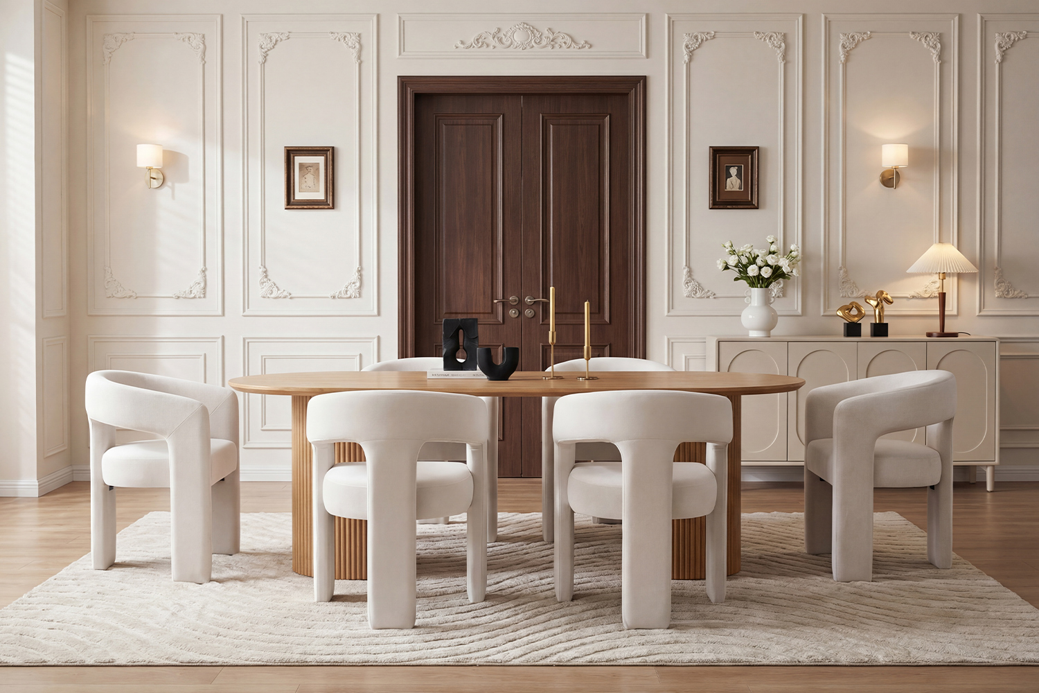 Modern luxury dining chair in ivory boucle seating a family in a cozy, festive dining room.