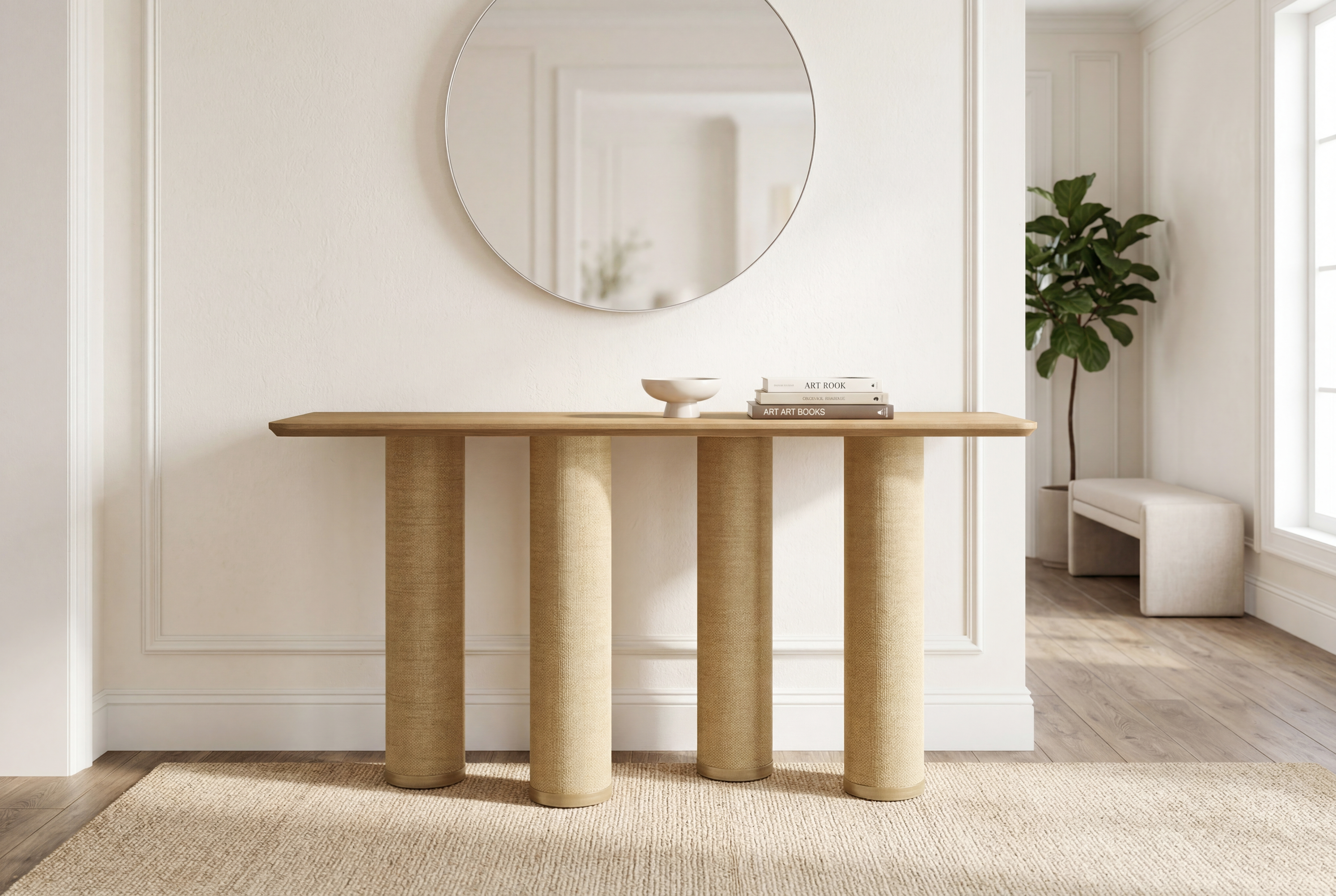 Textured sculptural legs with twisted paper rope detailing on the console table