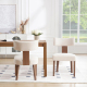 Front and back views of a two-pack Payson upholstered dining chair set in beige fabric and wood.
