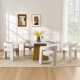 Four white dove luxury dining chairs arranged around a modern table in a sunlit room.

