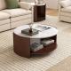 affordable marble coffee table with round marble top and walnut base styled in modern living room with sofa