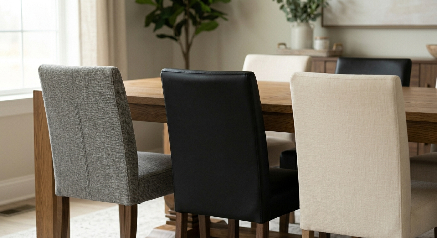 Assorted modern upholstered dining chairs in black leather, grey linen, and cream fabric textures for a versatile dining room.