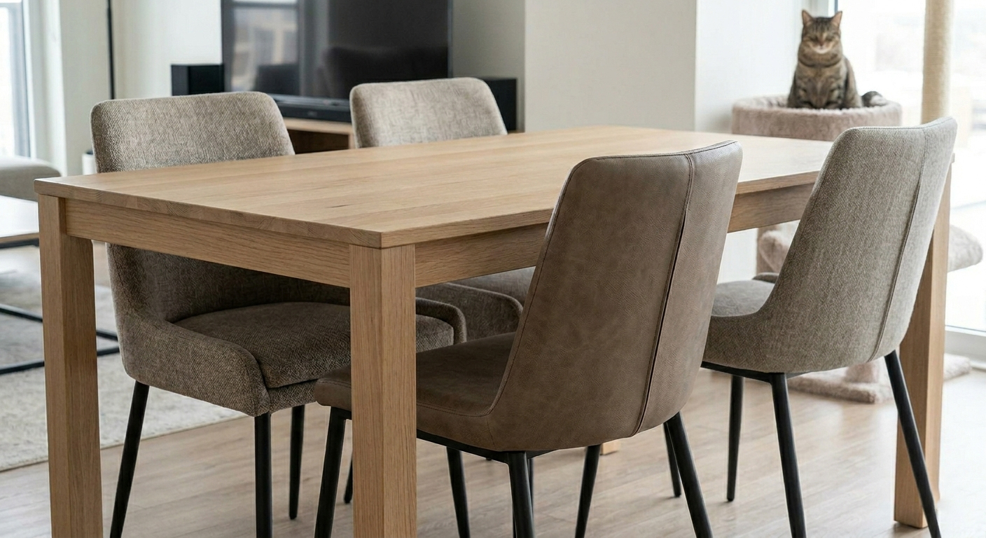 Industrial style modern upholstered dining chairs with matte black metal frames and dark grey faux leather upholstery.