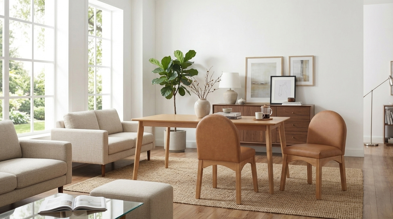 Contemporary leather dining chairs and matching sofa in a minimalist living-dining area.