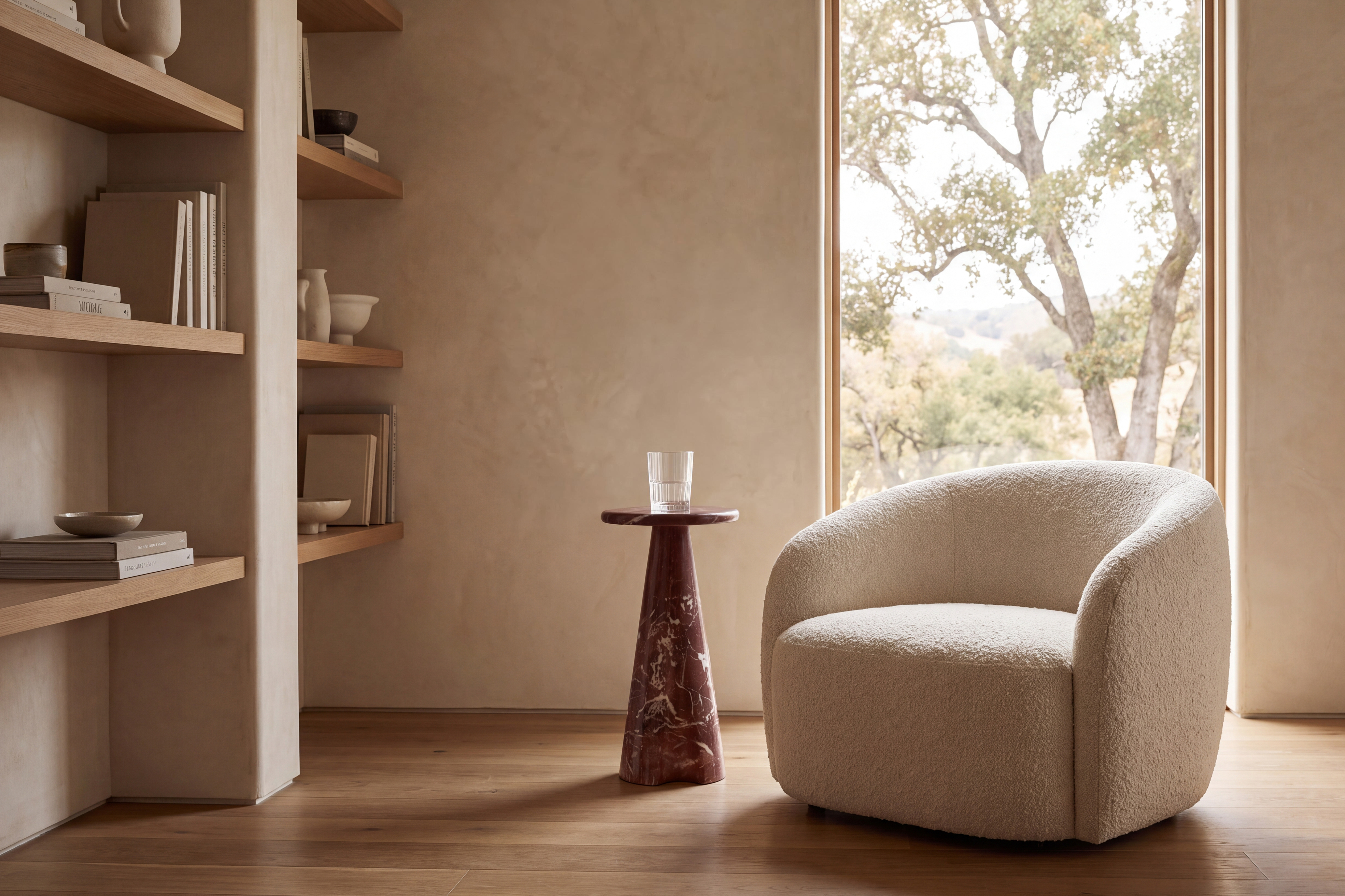 Wide tapered base supporting the round side table