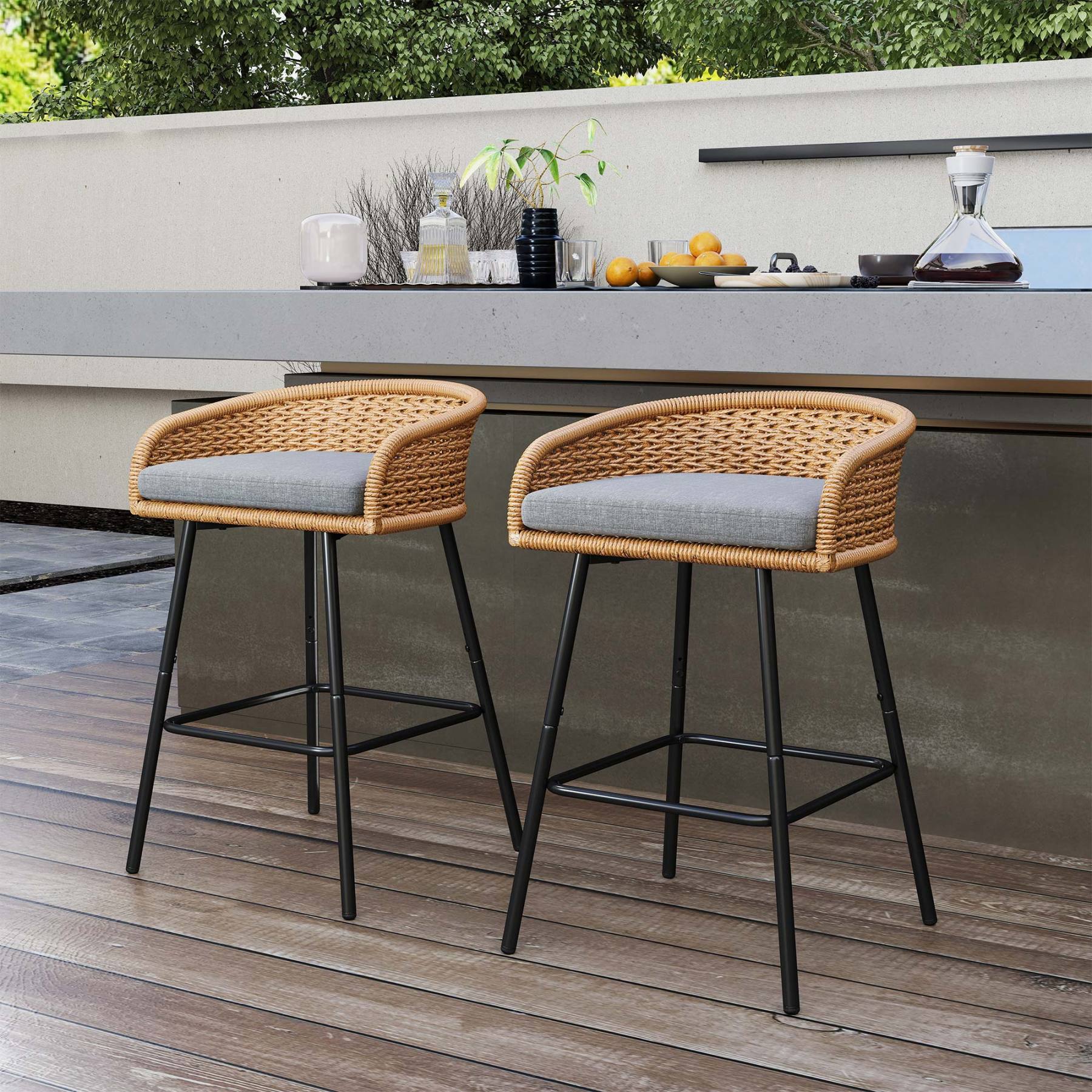 Neil Outdoor Cane Bar Stools Set
