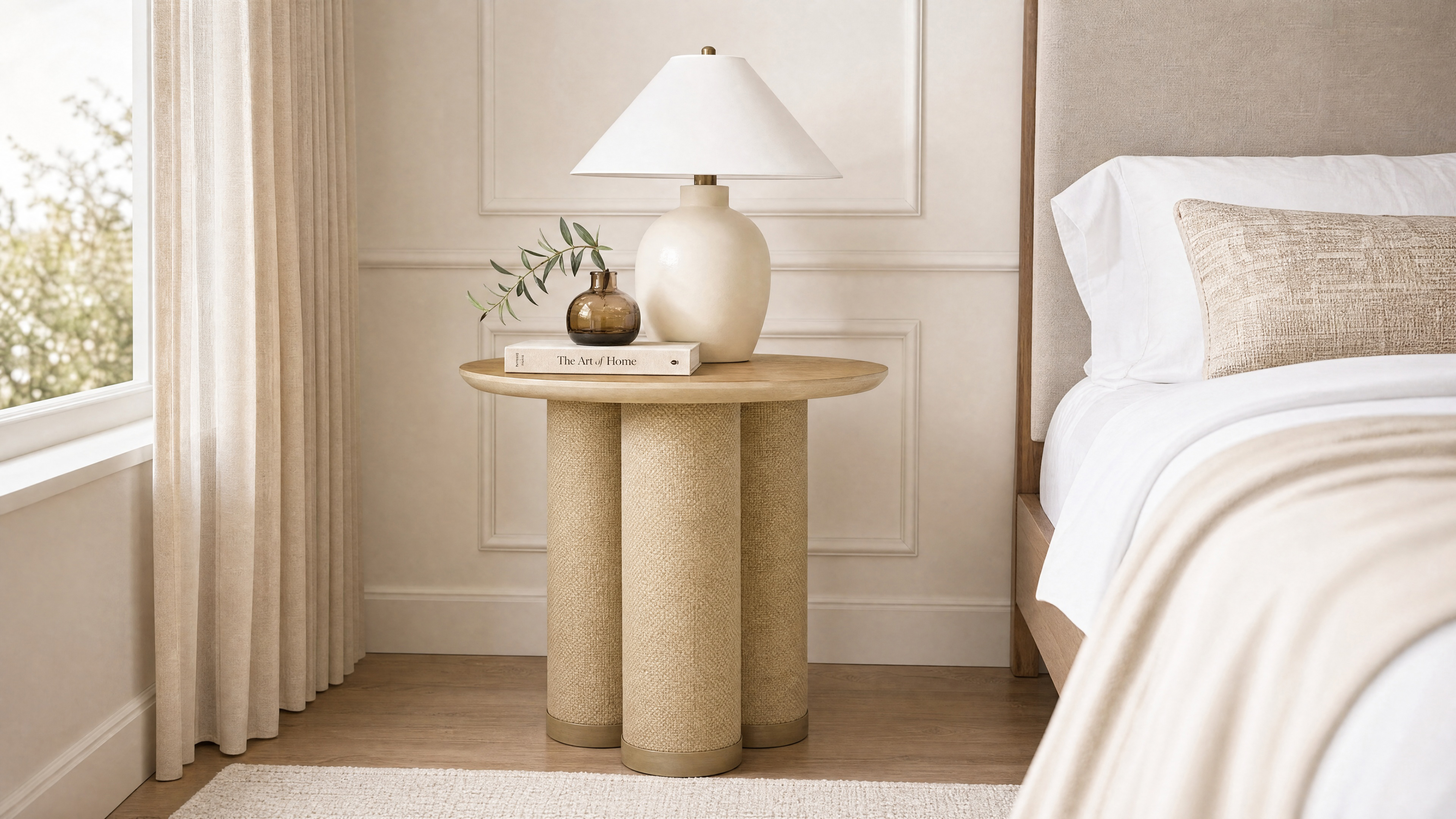 Oak side table styled beside a sofa in a warm contemporary living room
