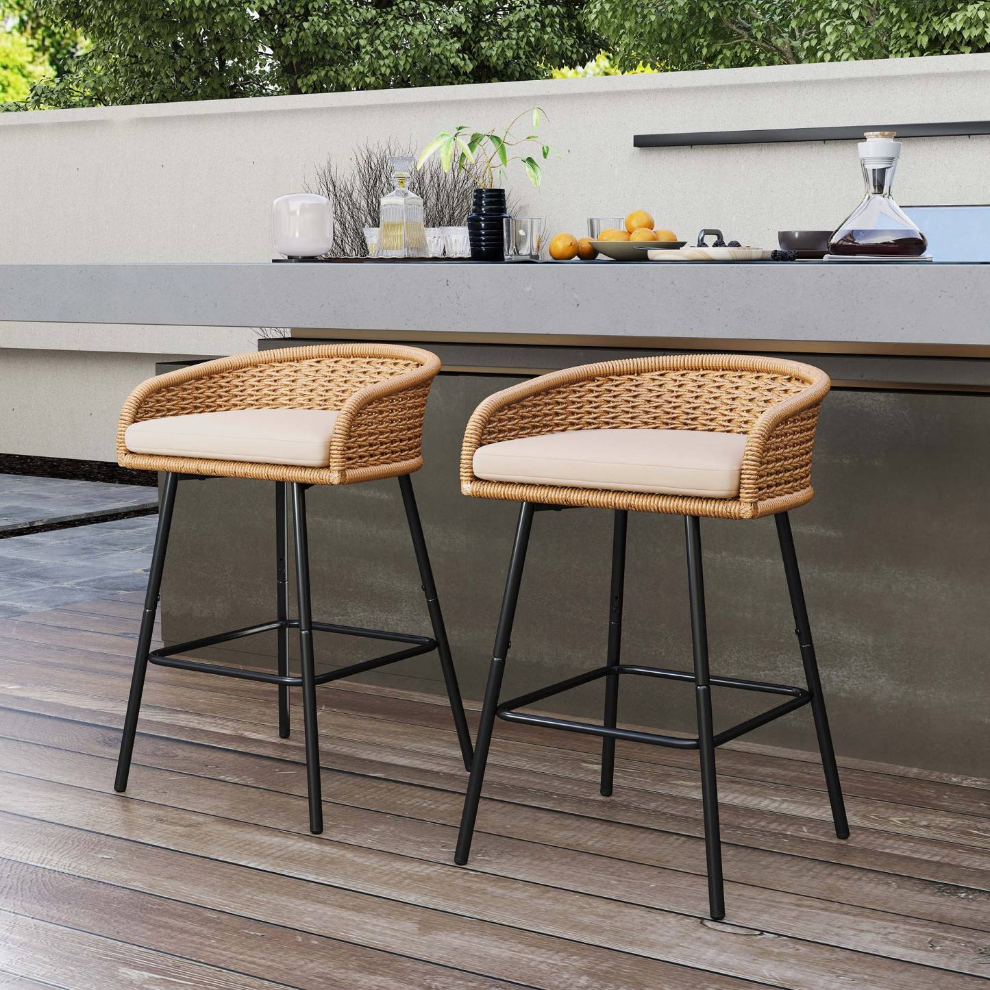 Neil Outdoor Cane Bar Stools Set