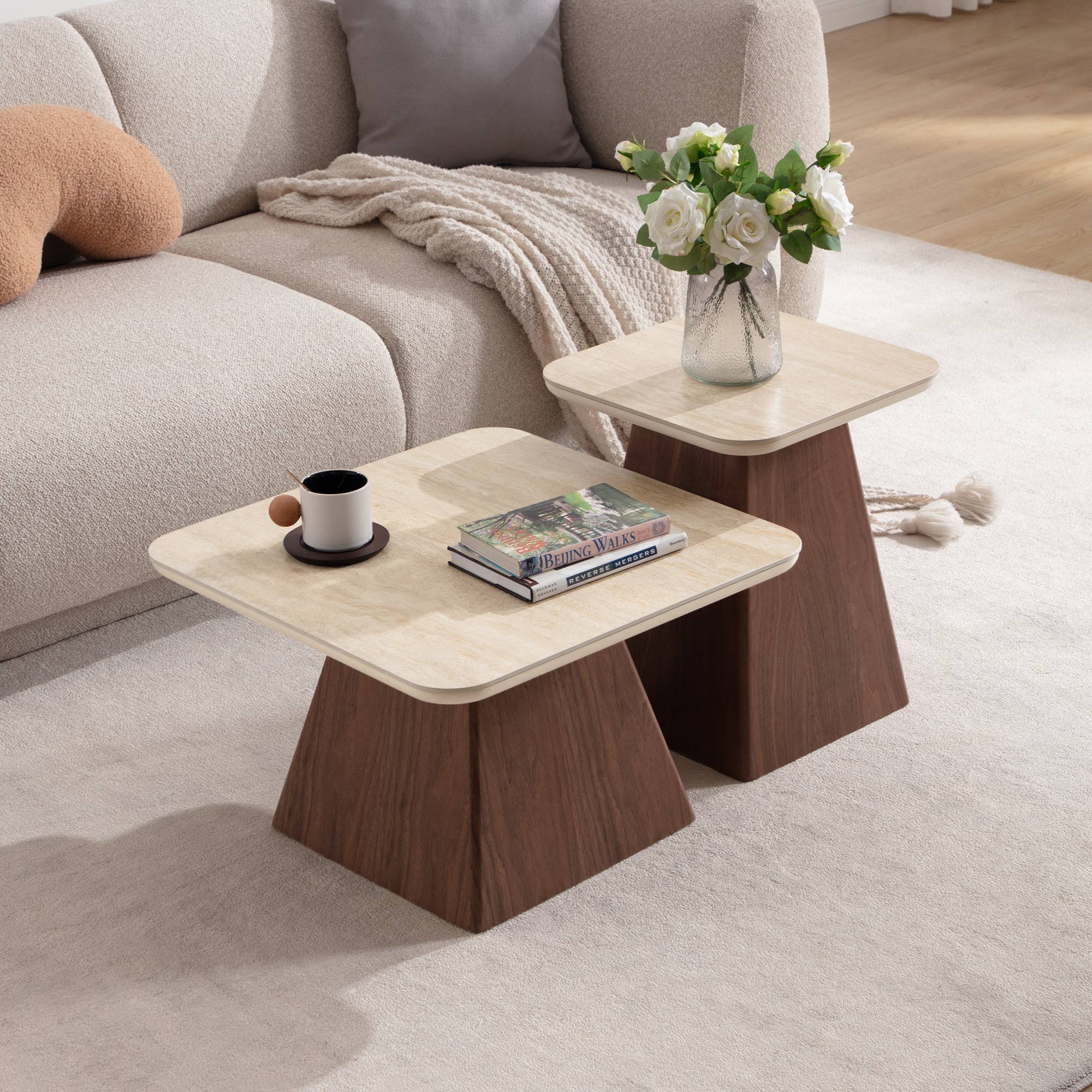 Miller Modern Nesting Coffee Table Set | Travertine & Walnut