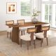 modern solid wood dining chairs with cane backs and upholstered seats arranged around a walnut dining table in a bright dining room