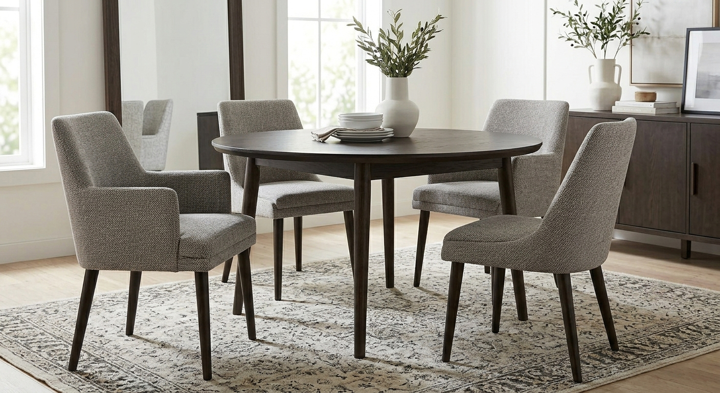 Set of 4 grey modern upholstered dining chairs around a walnut wood table during a family dinner gathering.