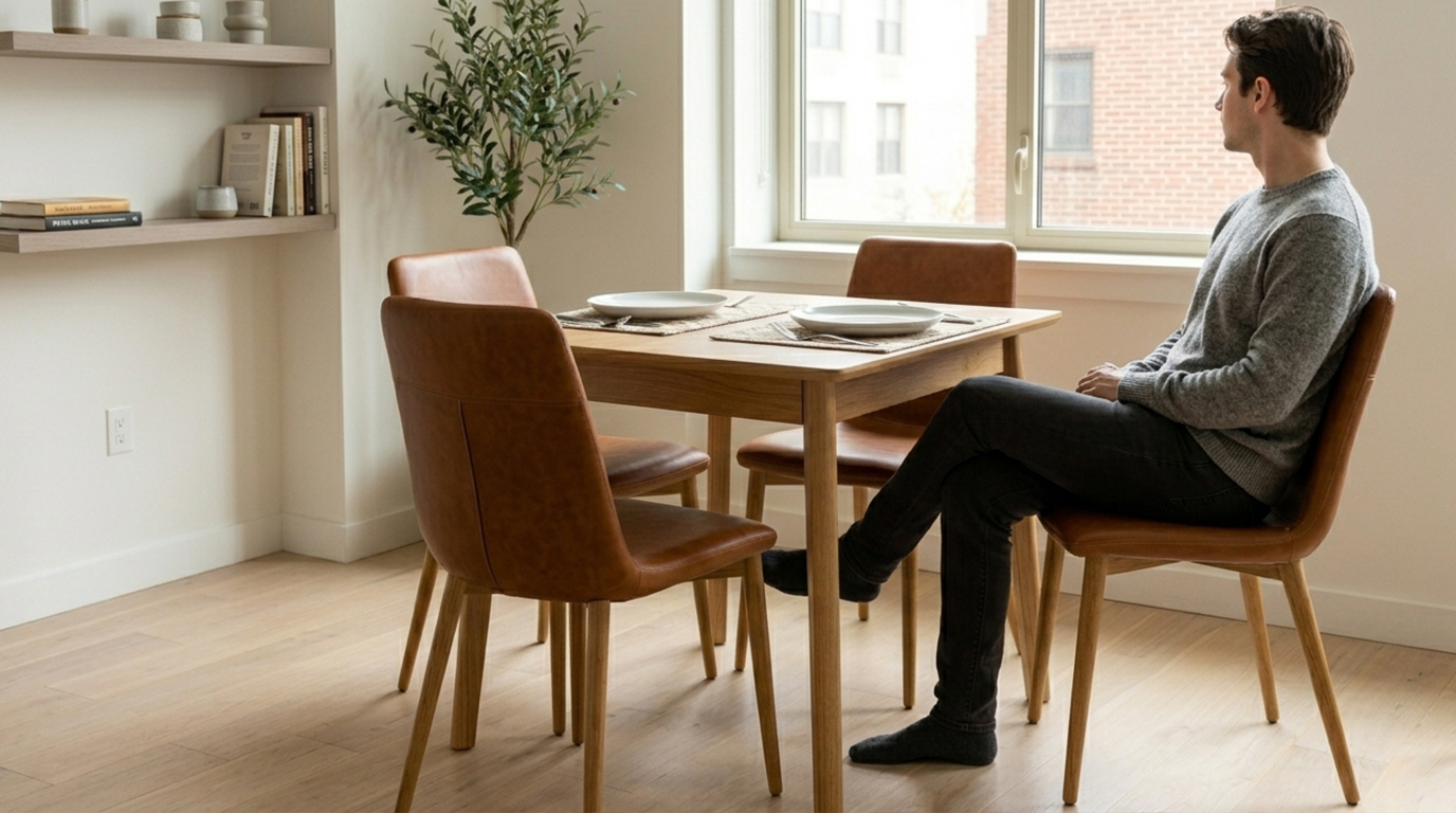 Comfortable tan leather dining chairs with ergonomic backrest in a bright dining room.