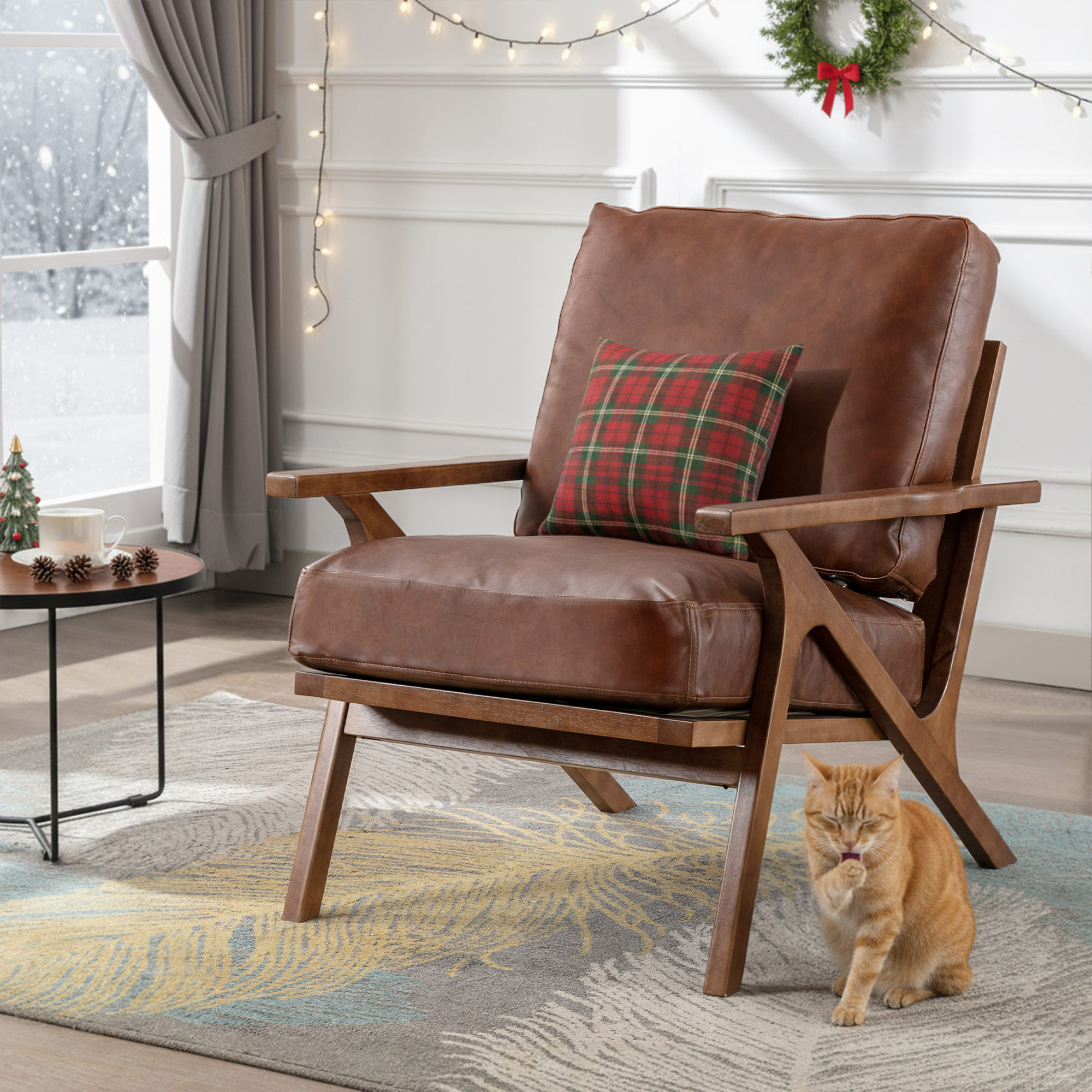 Charles Leather Lounge Armchair Removable Cover Mid-Century Modern