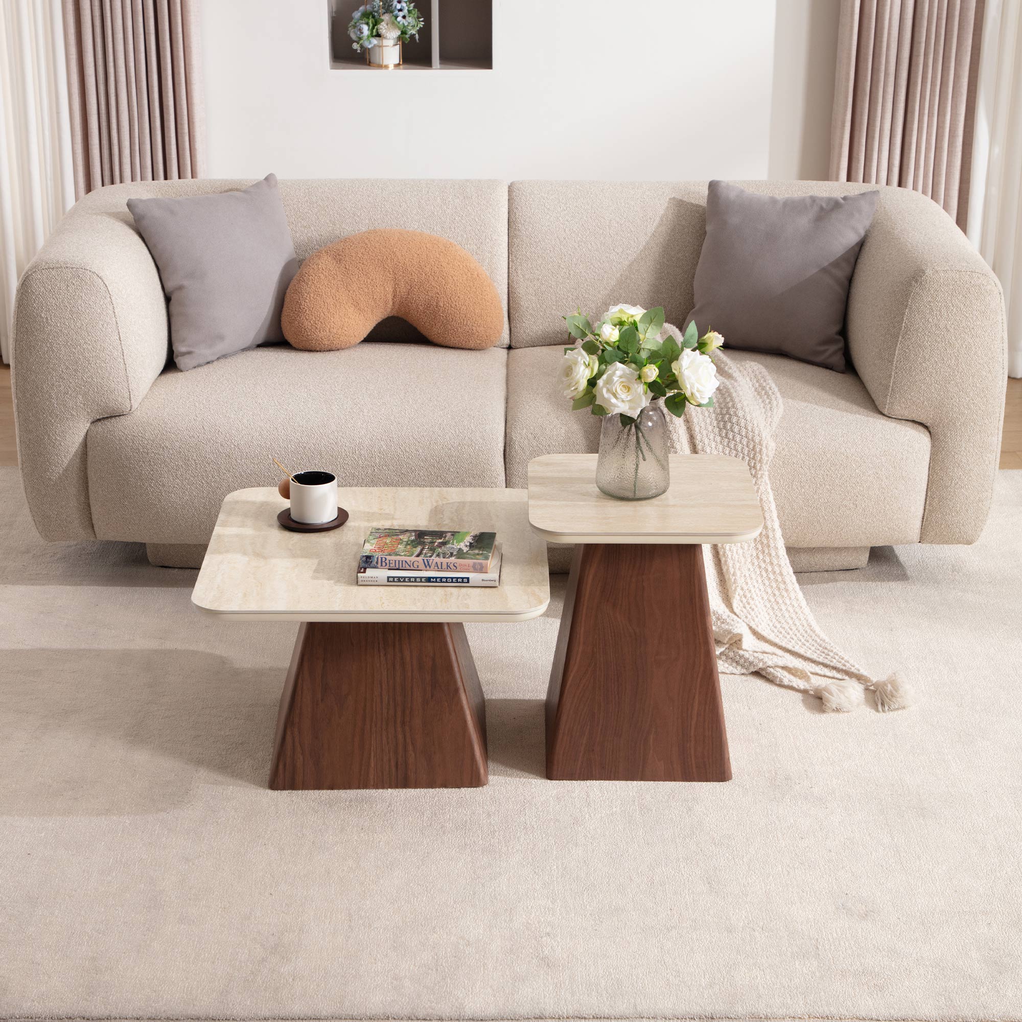 Miller Modern Nesting Coffee Table Set | Travertine & Walnut