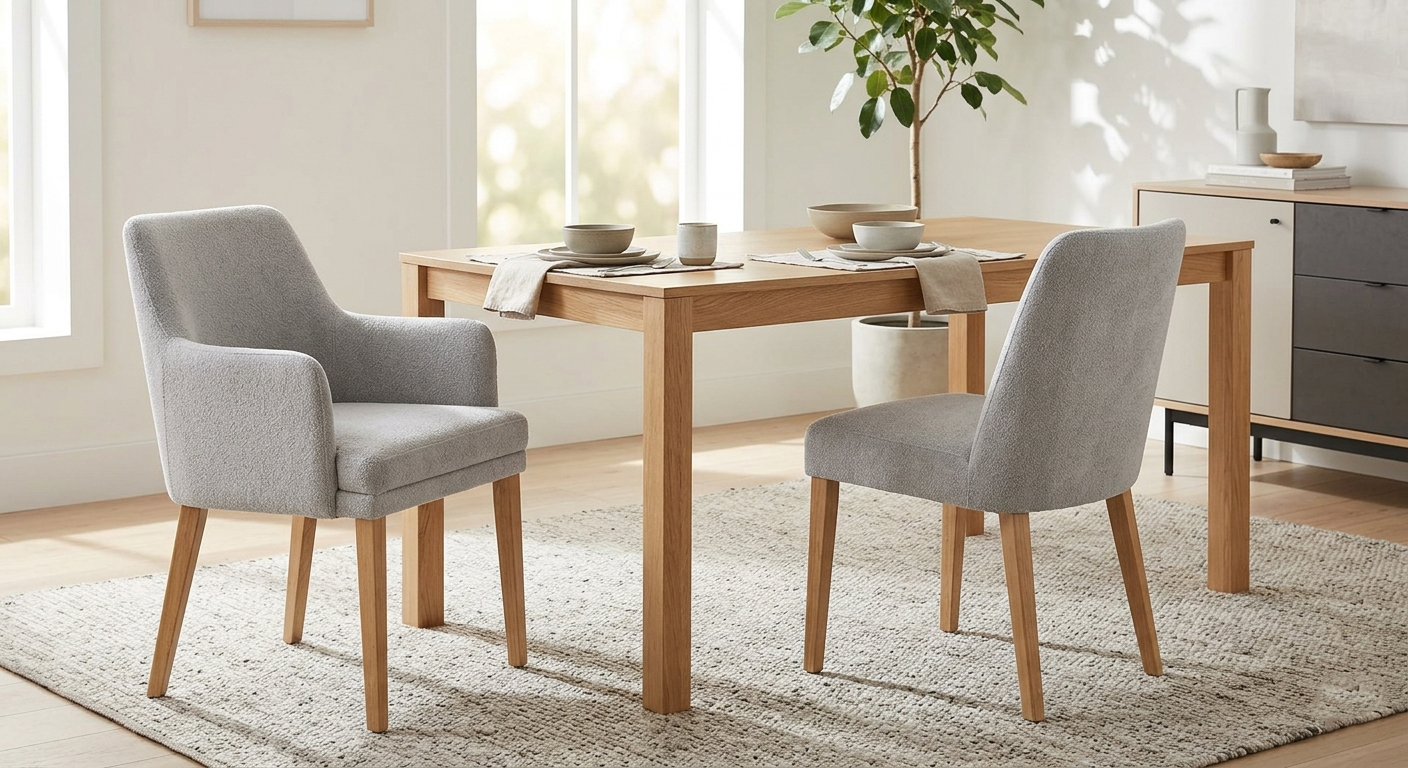 Side view of modern upholstered dining chairs with and without arms in a minimalist Scandi-style dining room.
