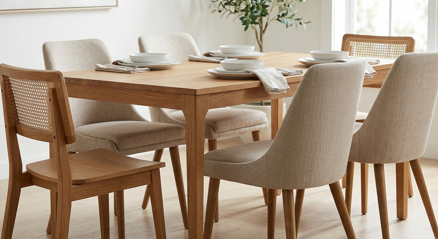 Pair of modern upholstered dining chairs showing side-by-side comparison of armchair and side chair styles in a bright dining room.