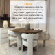 Customer review overlaid on four white dove luxury dining chairs at a round wood table.