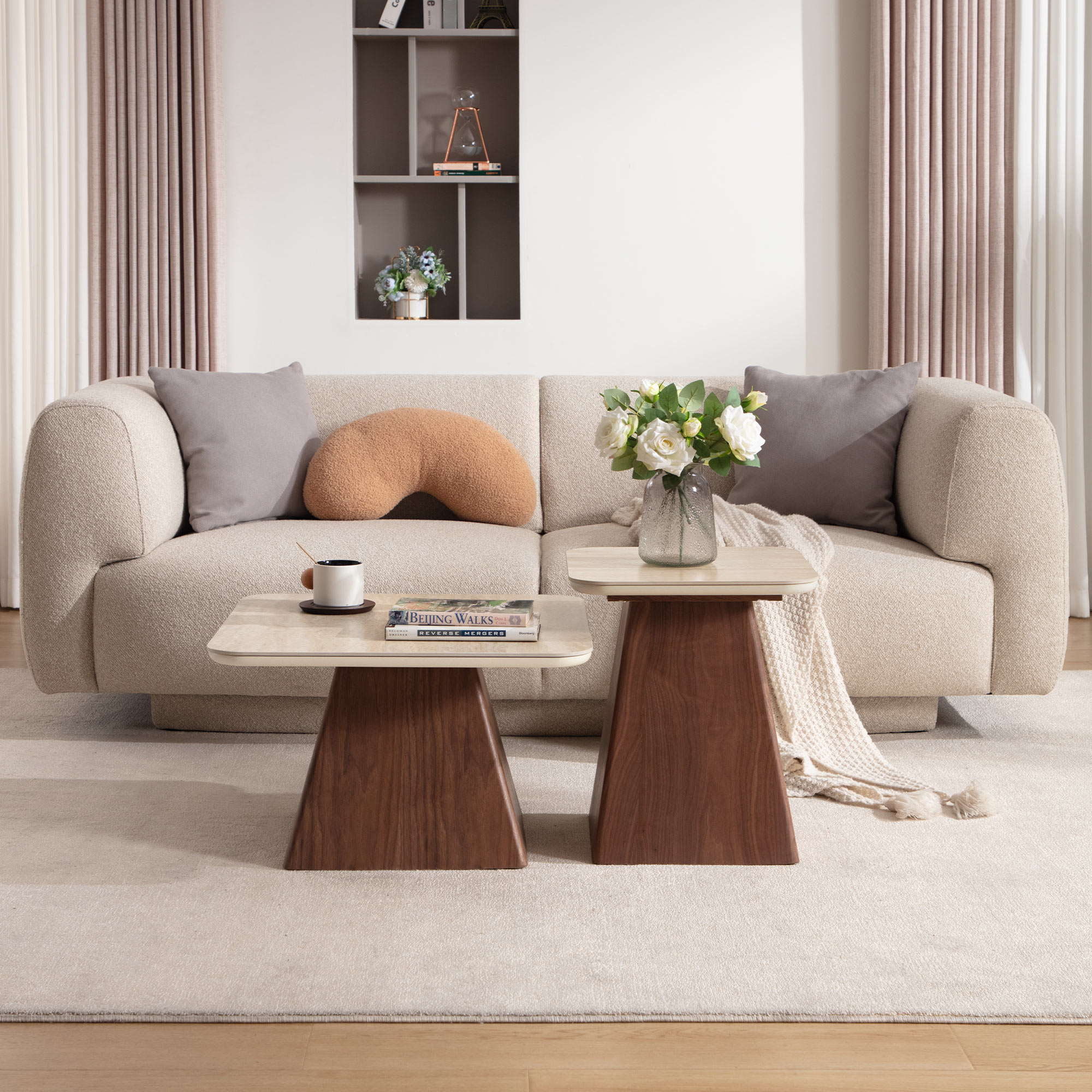 Miller Modern Nesting Coffee Table Set | Travertine & Walnut