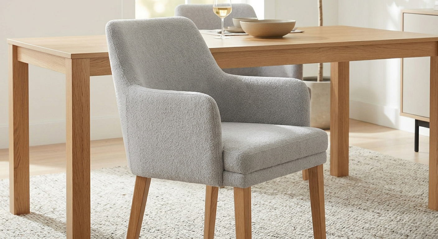 Modern upholstered dining chair with arms featuring grey textured fabric and tapered wooden legs.