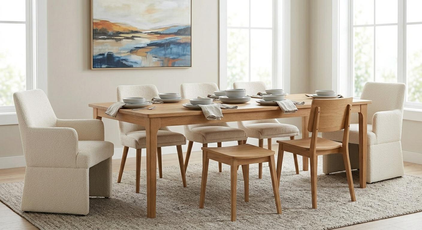 Modern upholstered dining chair with arms featuring light grey boucl&eacute; fabric and natural oak wood legs.