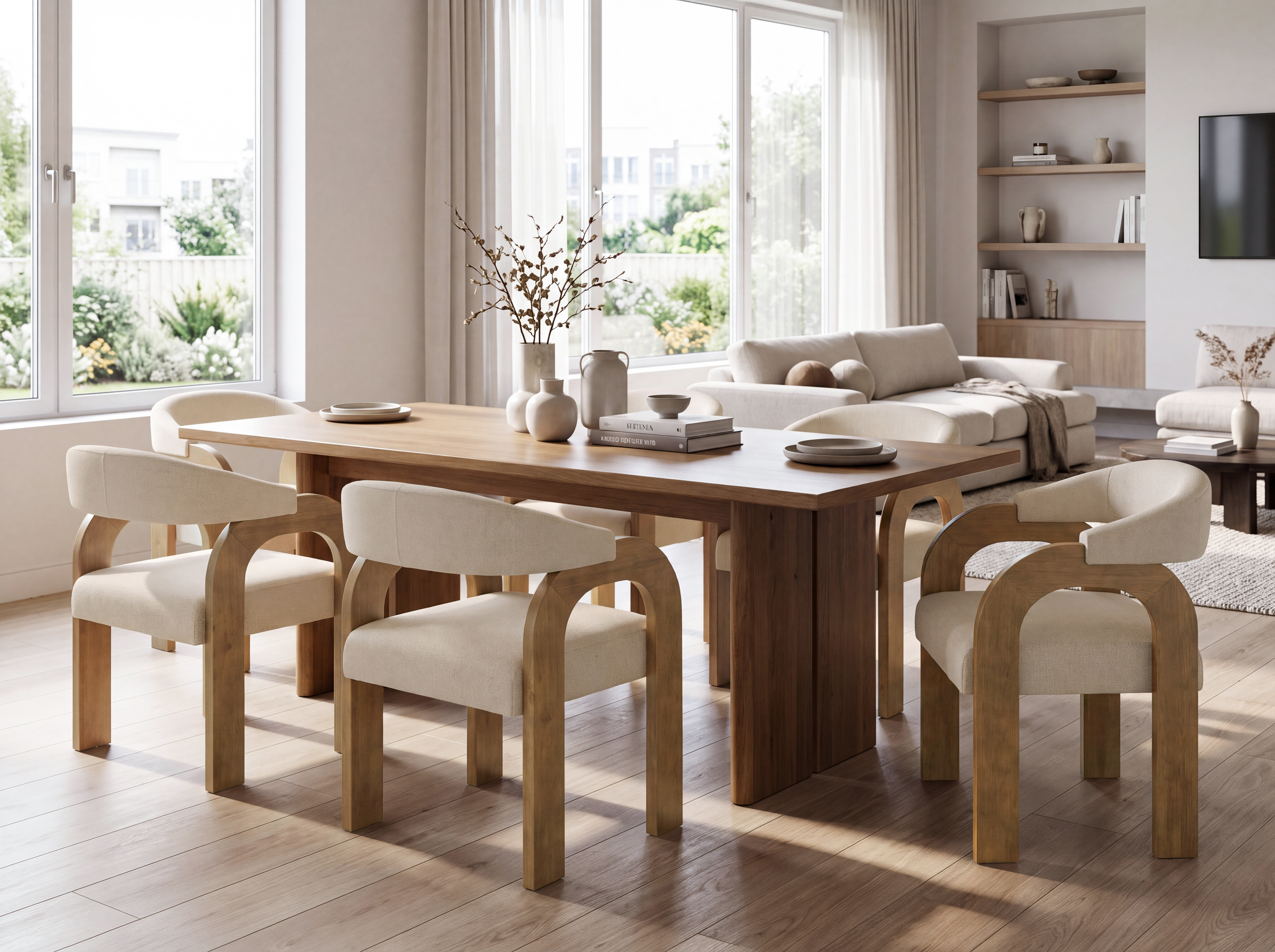 Clara mid-century modern upholstered dining chairs in beige fabric